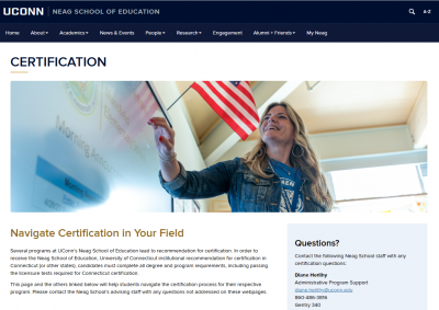 A screenshot of the Certification landing page on the Neag School of Education website.